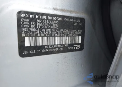 2021 Mitsubishi Mirage Carbonite Edition/Es/Le z USA, uszkodzony, nr VIN ML32AUHJ5MH007983